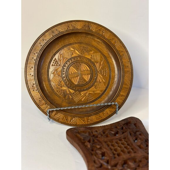 VTG 70‘s Hand Carved Wooden Wall Plate Bohemian - Rustic Home & Wooden Trivet - Picture 2 of 6